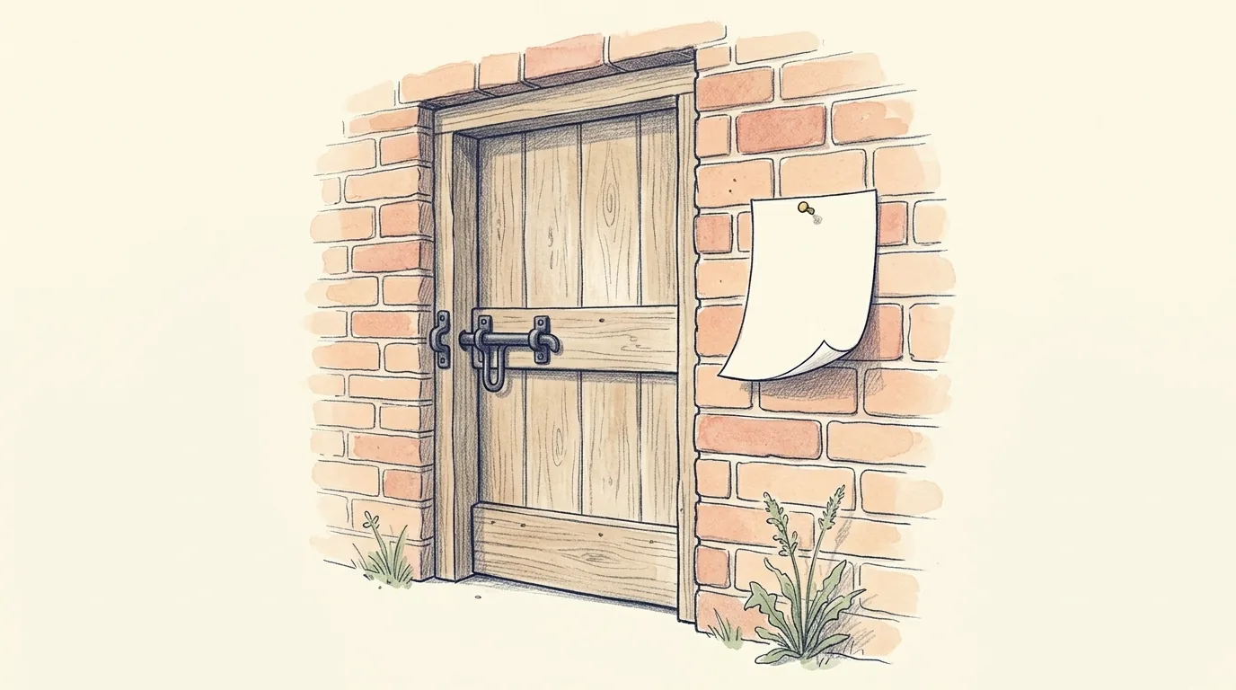 A hand-drawn wooden door in a brick wall with a sturdy latch, and beside it a loose sheet of paper held by a single pin.