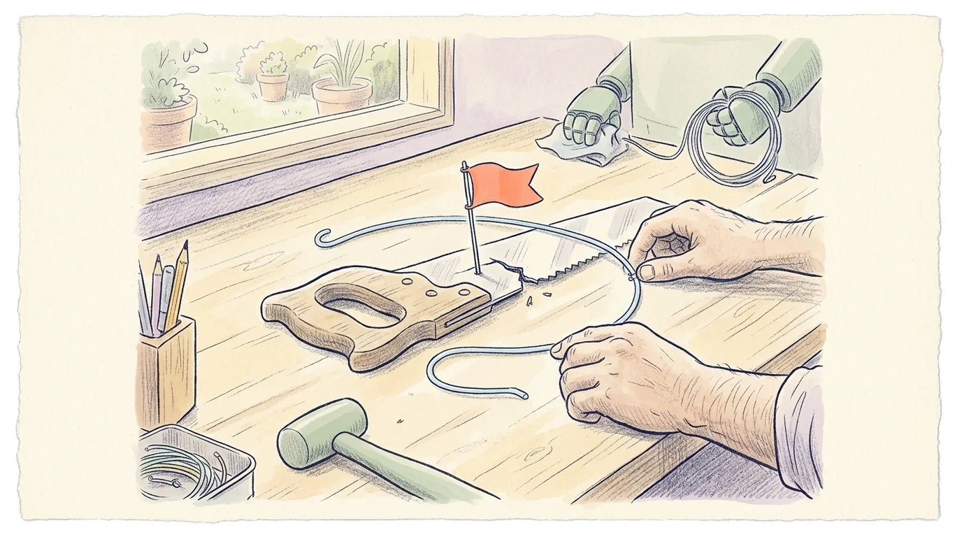 A workbench with a broken tool, a wire forming a detour around it and a small coral flag on the broken spot.