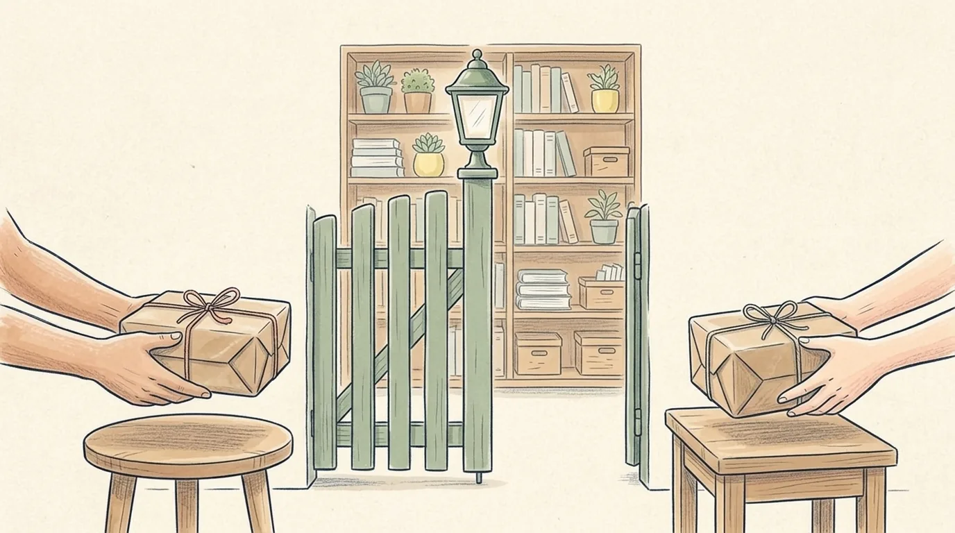 Two pairs of hands each pass a wrapped parcel across a narrow garden gate with a green lamp; behind it stands a large, tidy bookcase.