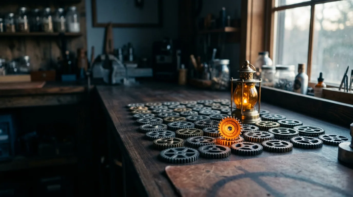 Dozens of grey cogwheels lie in a grid on a wooden workbench; one cogwheel next to an orange lamp glows orange.