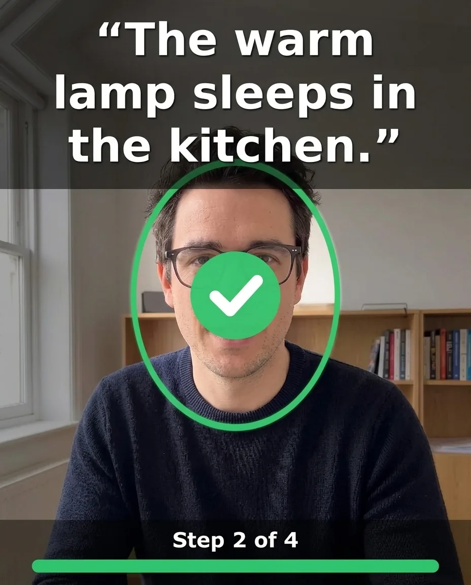 A video call on a phone: the client looks straight into the camera and reads a sentence aloud, with a green tick showing it worked.