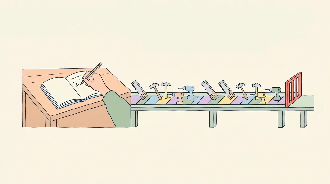 A hand writes a question in a notebook on a wooden lectern; next to it a workbench with a row of tools runs on, with a red gate at the end.