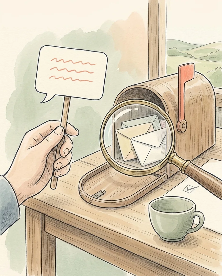A hand holds up an empty speech bubble on a stick, next to a mailbox with a magnifying glass aimed at the envelopes inside, and a check mark on paper beside it.