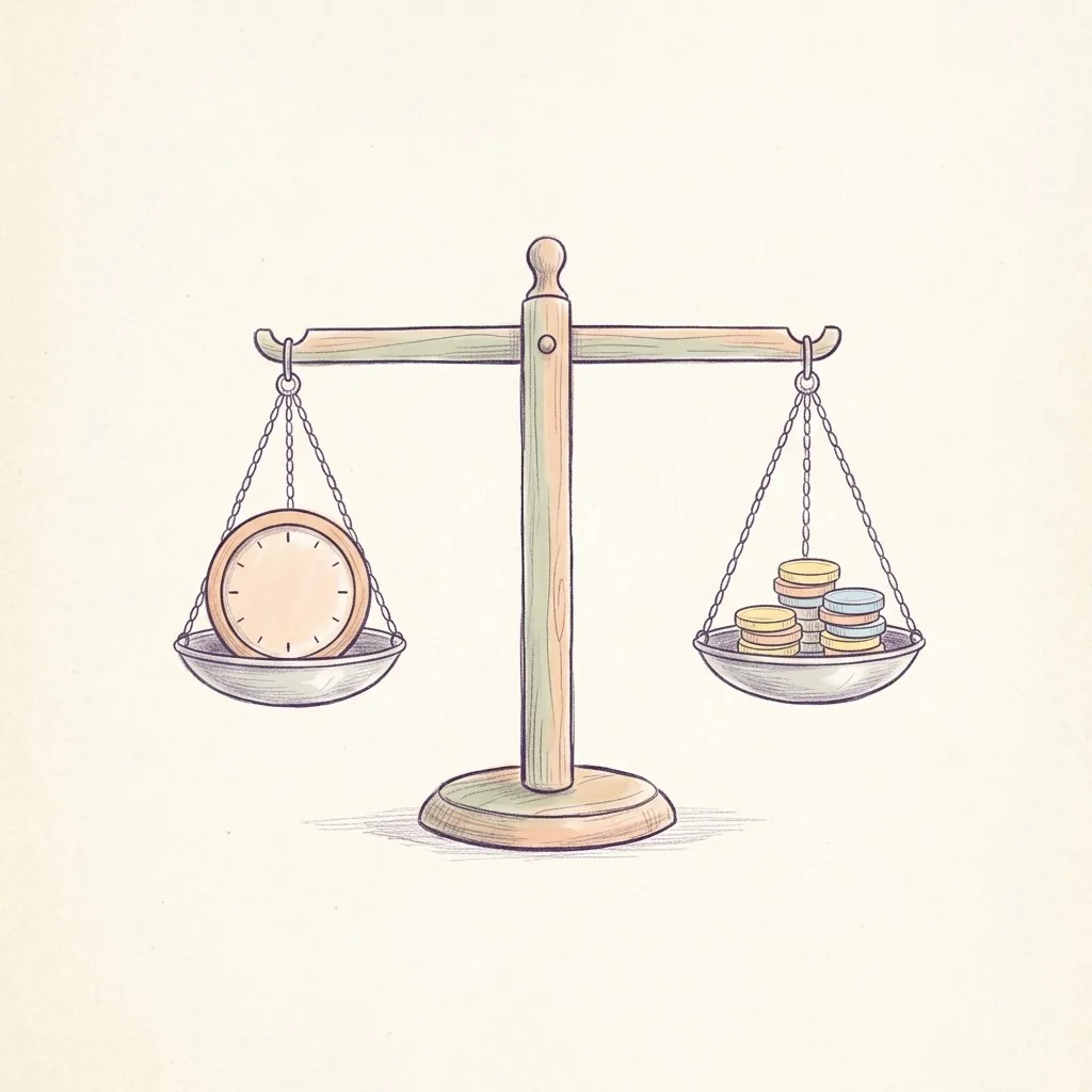 A quiet pencil drawing of a pair of scales. In one pan a clock, in the other a small stack of coins, in balance.
