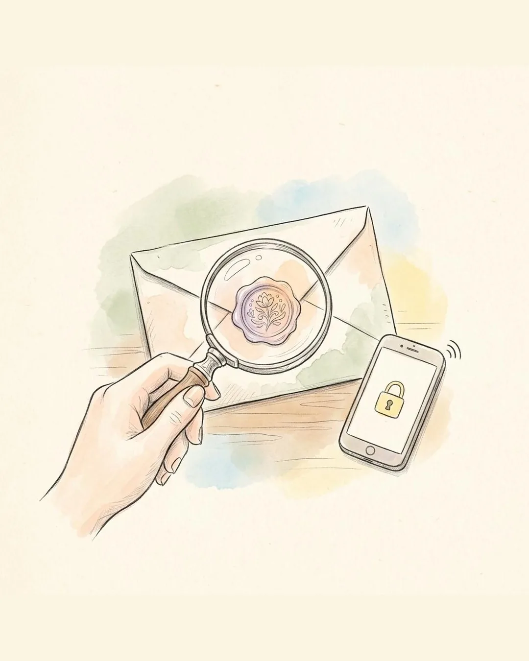 A pencil drawing of a hand holding a magnifying glass over a sealed envelope, beside a phone with a padlock.