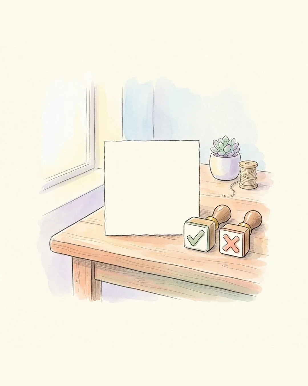 A pencil drawing of a desk in the morning light, with a blank card in the middle and two stamps beside it: a green check mark and a red cross.