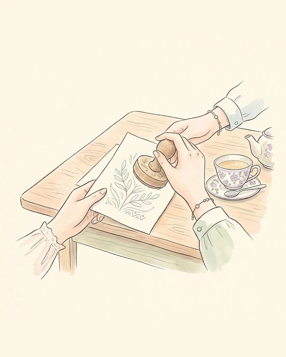 A pencil drawing of two hands at a wooden table: one hands over a sheet of paper, the other holds a stamp above it. Beside them stands a cup of tea.