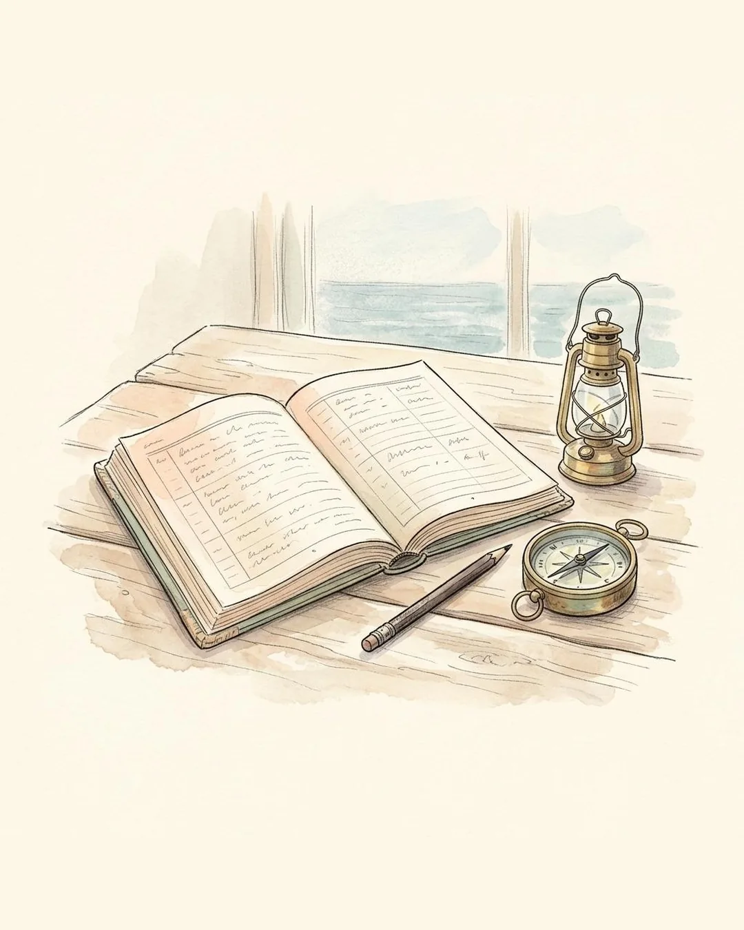A pencil drawing of an open logbook on a wooden table, with a pencil, a compass and a lantern, overlooking the sea.