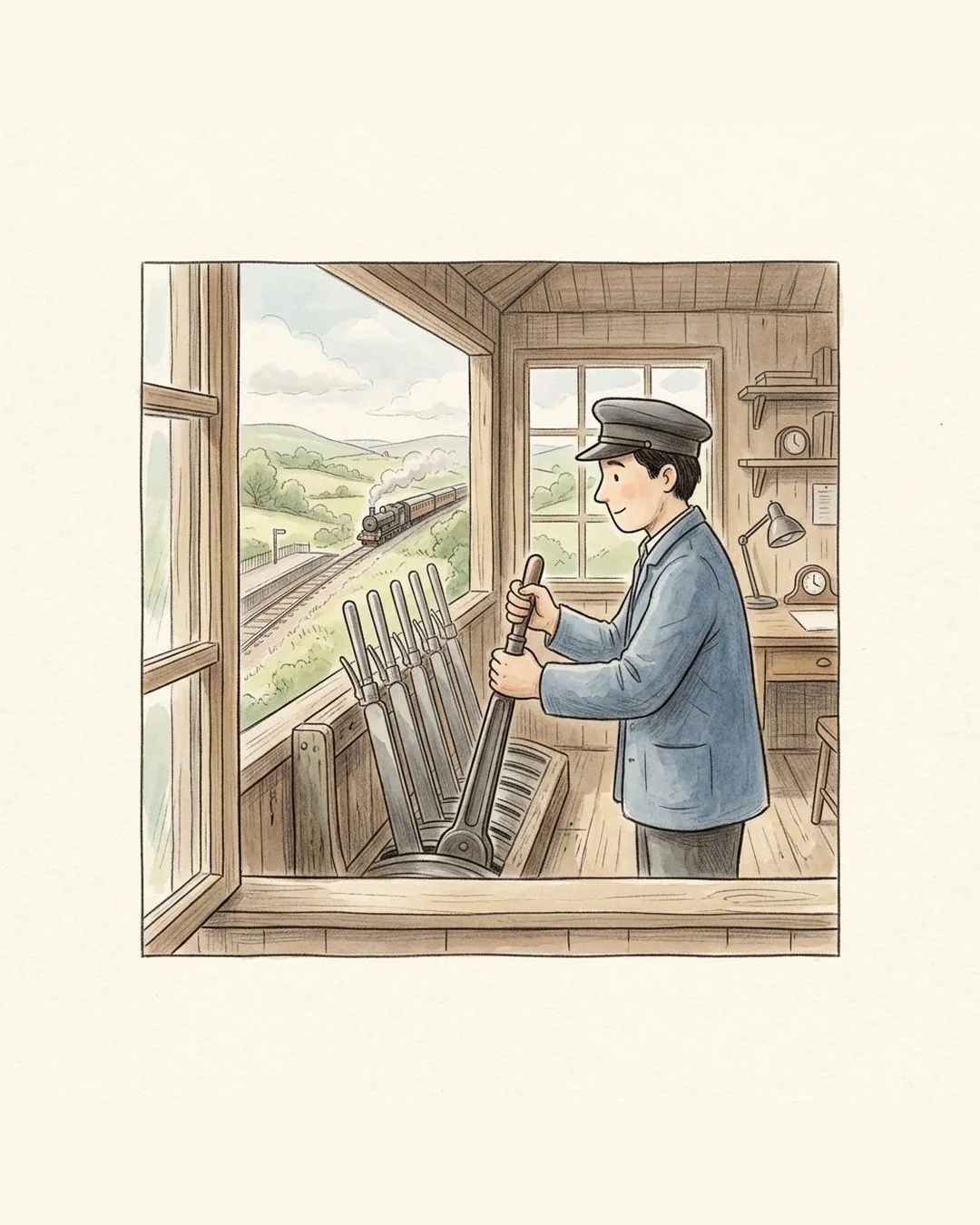 A pencil drawing of a man in a wooden signal box holding a large lever with both hands. Through the window a steam train runs in the distance.