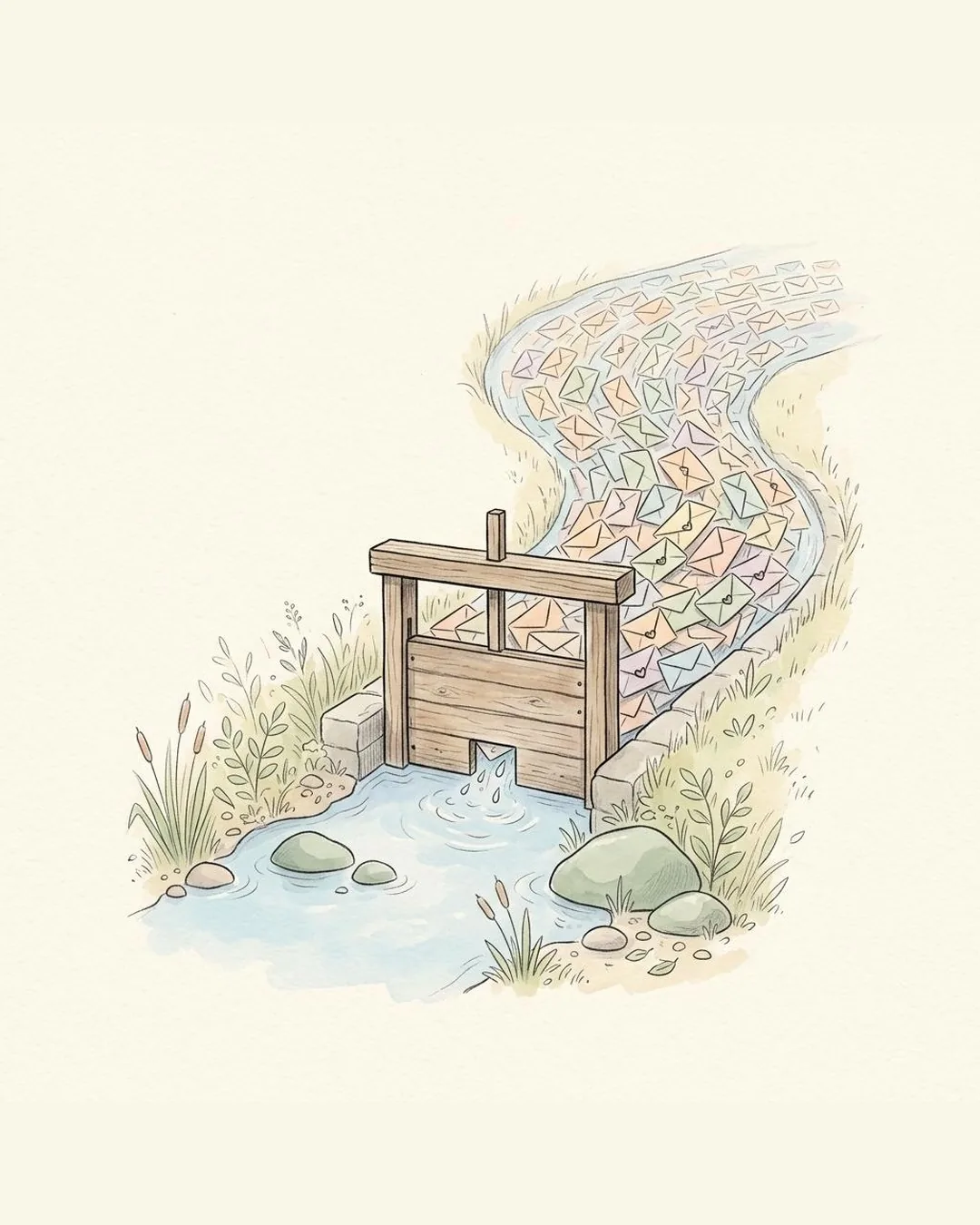 A pencil drawing of a wooden sluice in a stream. A little water trickles through a narrow opening while a broad flow of envelopes waits behind it.