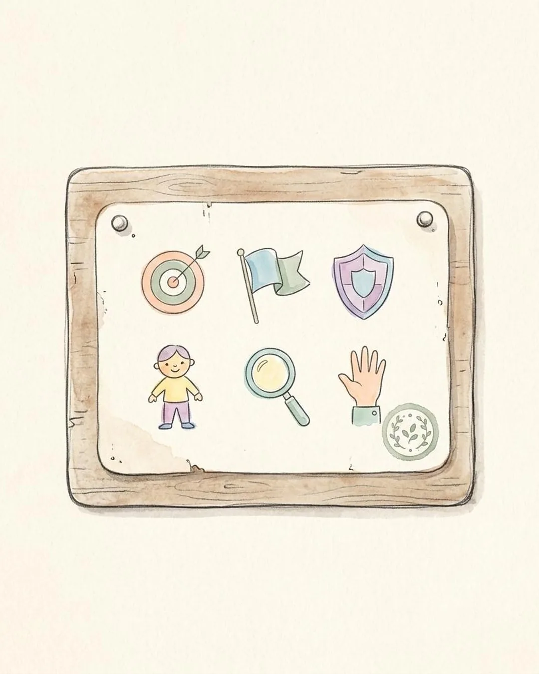 A pencil drawing of a card on a wooden board, with six small icons: a target, a flag, a shield, a person, a magnifying glass and a raised hand.