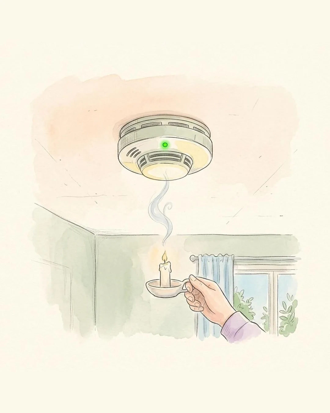 A pencil drawing of a smoke detector on a ceiling with a green light. A hand holds a burning candle beneath it, and a thin wisp of smoke rises.