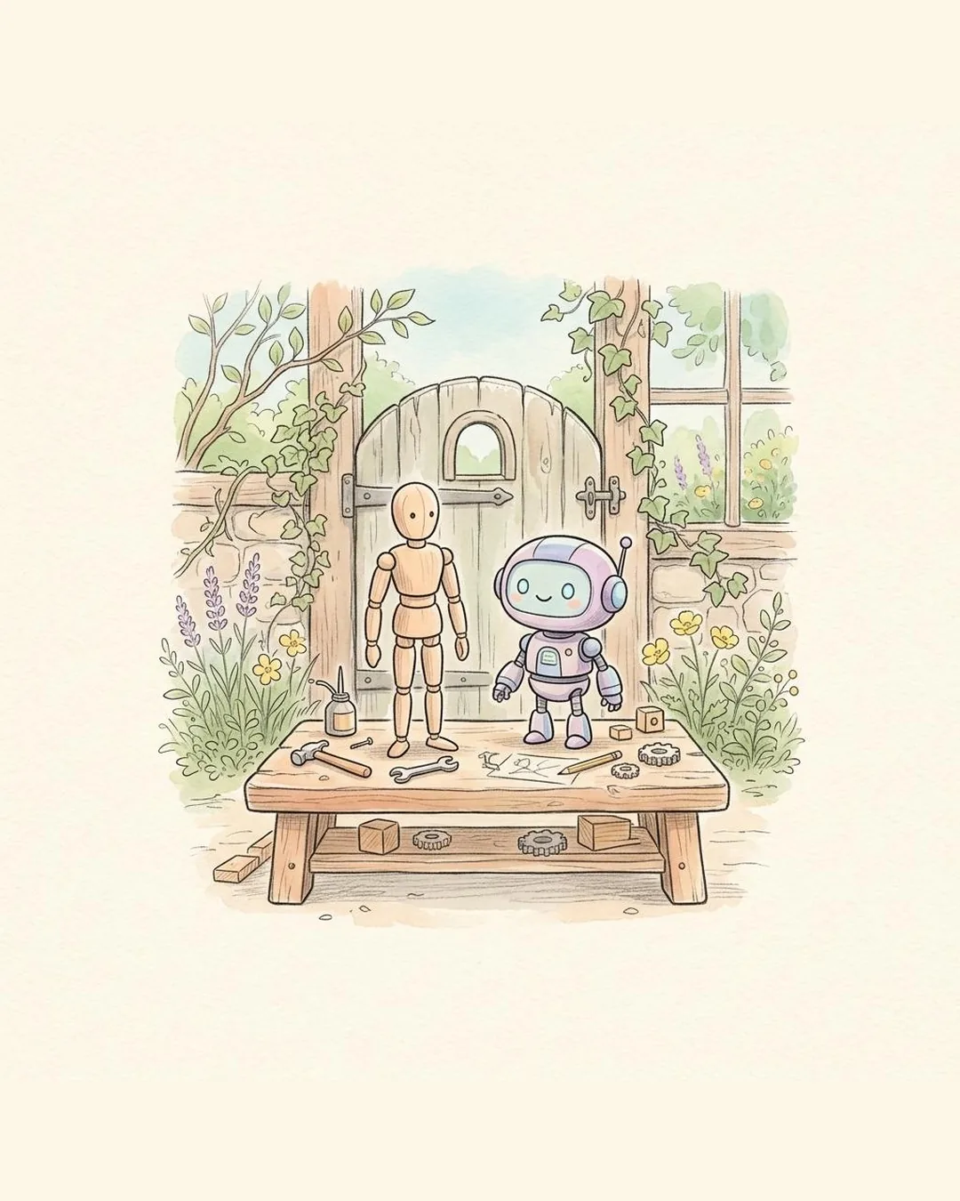 A pencil drawing of a workbench in a garden. A wooden practice dummy and a friendly little robot stand together in front of the same wooden gate.