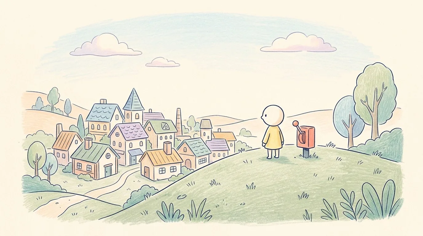 A small figure stands on a hill next to a red lever and looks out over a quiet village with workshops.