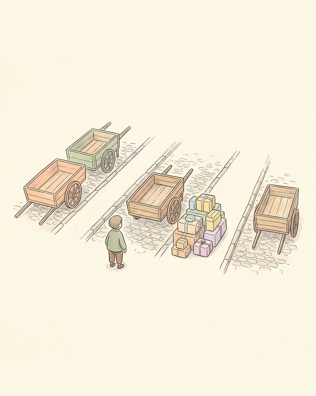 A pencil drawing of three parallel lanes with wooden carts. One lane is empty while a stack of parcels sits beside it, and a small figure looks on.