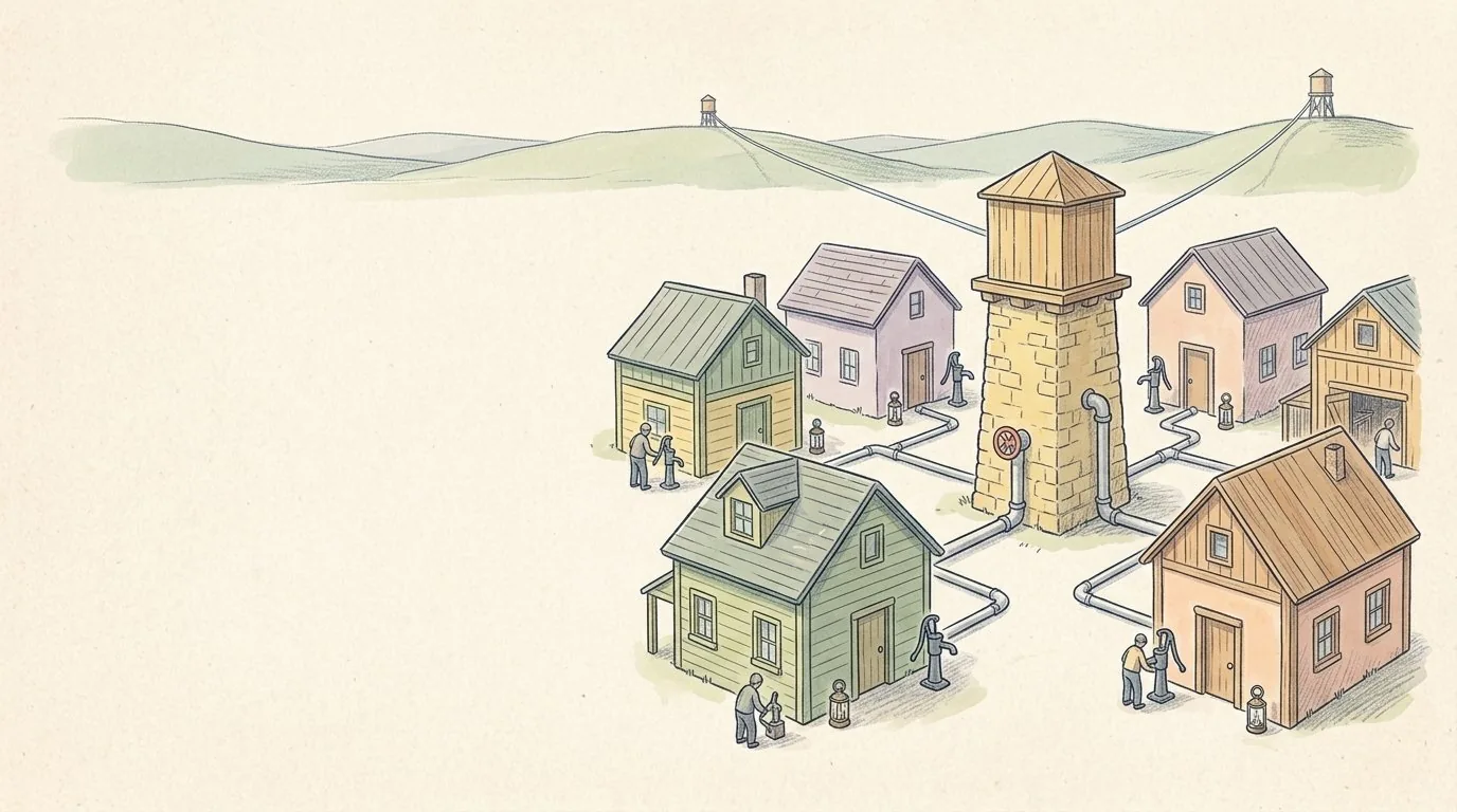 An illustrated village of workshops around a stone water tower, with pipes leading to two other towers on the hills and a hand pump and lantern beside each door.