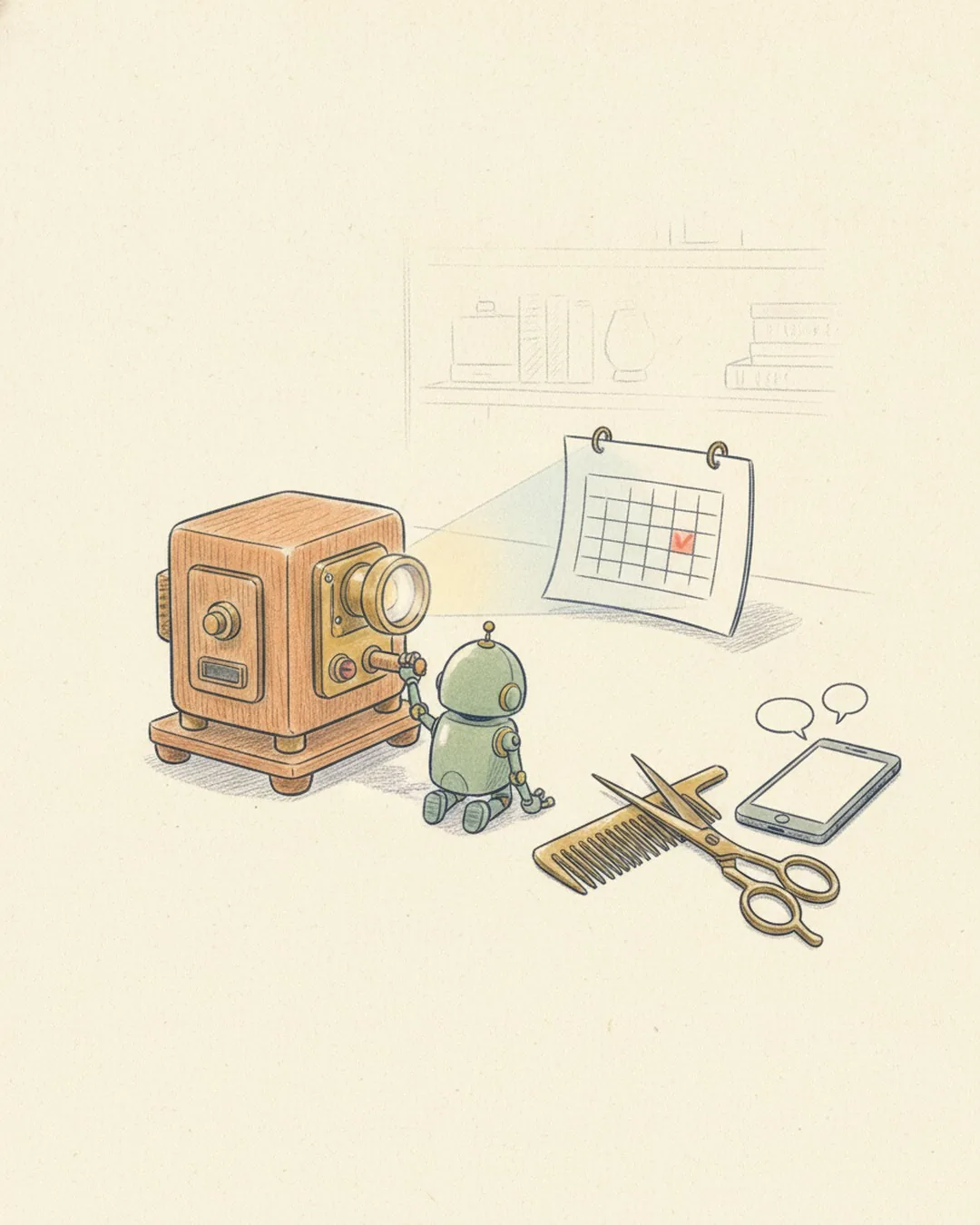 A pencil drawing of a small wooden film projector on a desk, with a green robot turning the handle. The light falls on a paper calendar with one appointment. Beside it a comb, scissors and a phone with two speech bubbles.