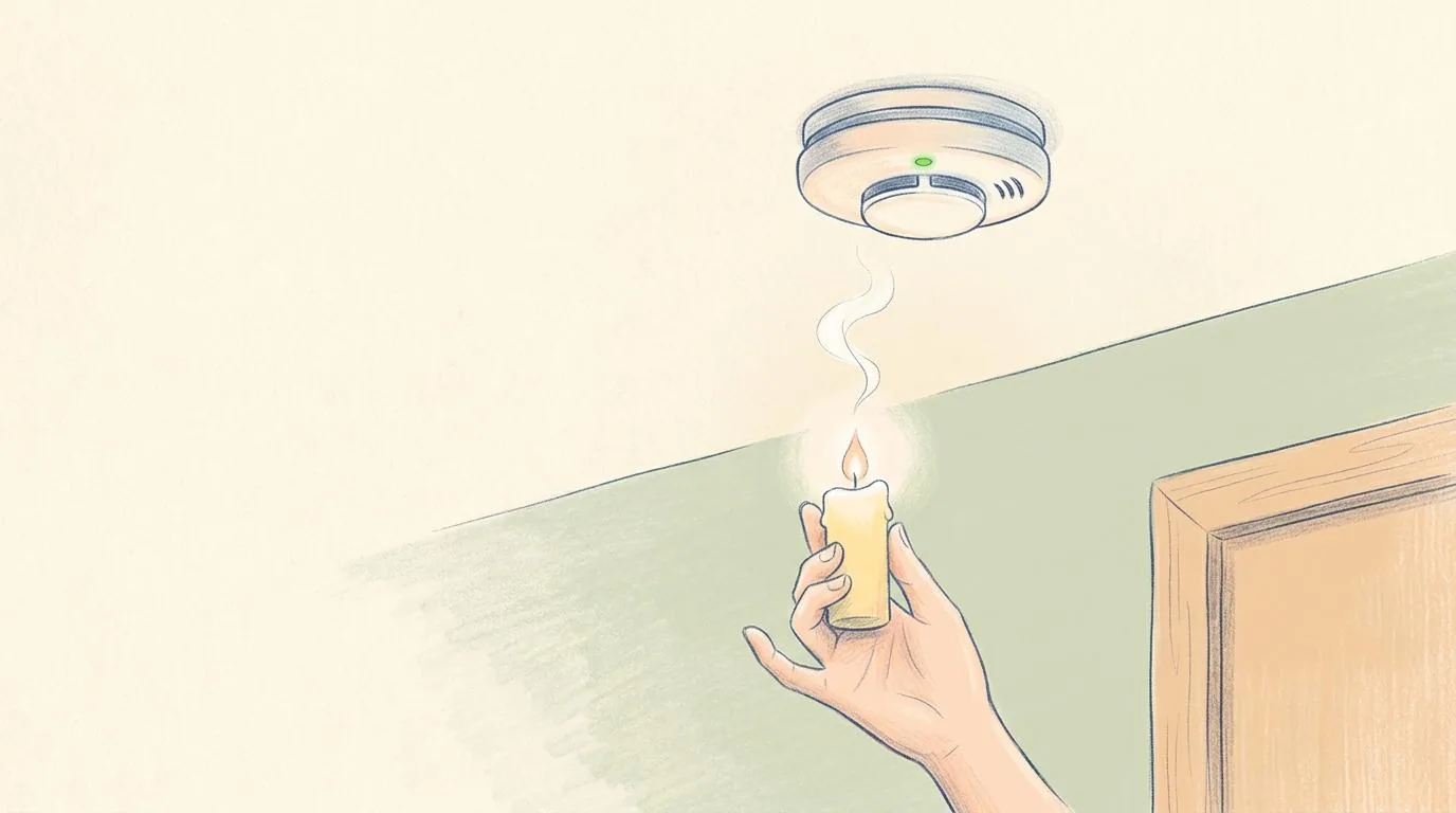 A pencil drawing of a smoke detector on a ceiling with a green light. A hand holds a burning candle beneath it, and a thin wisp of smoke rises.