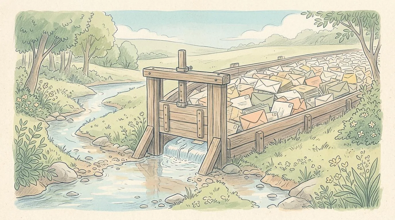 A pencil drawing of a wooden sluice gate in a stream. A little water trickles through a small opening, while behind the gate a broad stream of envelopes waits.