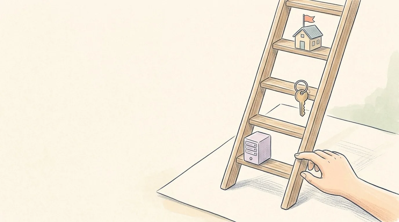 A pencil drawing of a wooden ladder on cream paper. A small server sits on the lowest rung, a bunch of keys hangs higher up and a little house with a flag stands at the top. A hand holds the ladder.