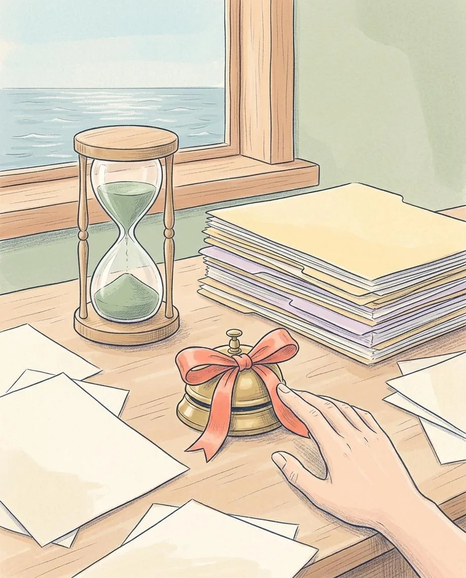 An hourglass with sage-green sand, a stack of case folders and a small bell with a coral bow on a desk in front of a window overlooking the sea.