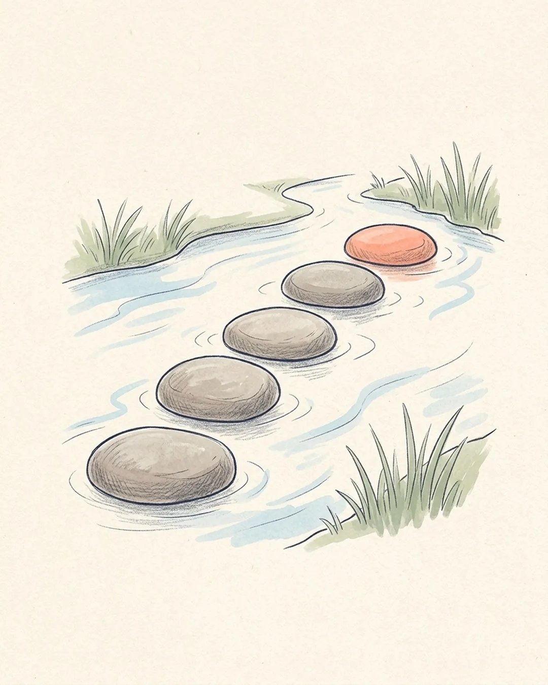 Five stones as stepping stones in a stream; the fifth stone is coral-coloured.
