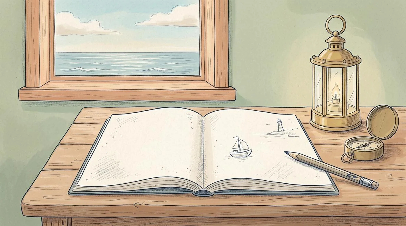 A pencil drawing of an open book on a wooden table with a sketch of a small boat and a lighthouse, a pencil, a lantern and a compass, with a view of the sea.