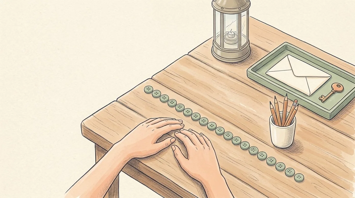 A pencil drawing of two hands on a wooden table next to a long row of identical green knots, with a single sealed envelope and a small key on a separate green tray, beside a lantern and a cup of pencils.