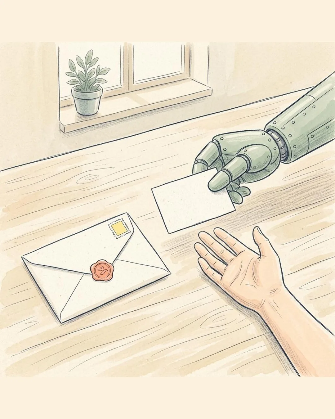 A drawn workbench: a closed envelope with a seal, a robot hand passing an empty card to an open human hand.