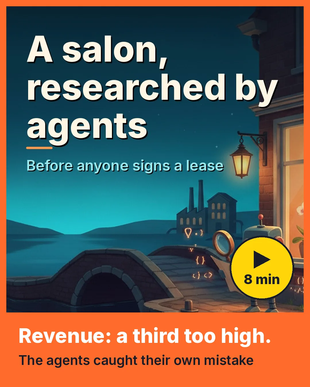 Cover of the video about a Thai massage salon in Leeuwarden, with an orange band reading Revenue: a third too high, and a yellow play button with 8 min.