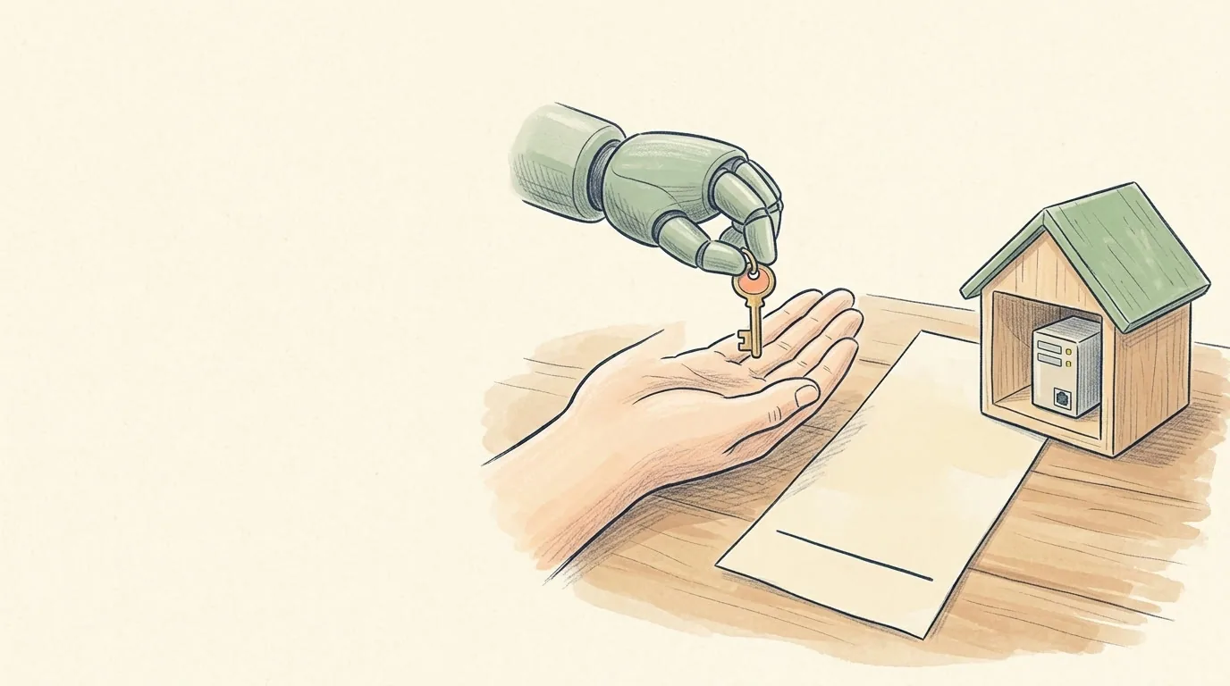 A pencil drawing of a small robot hand giving a receipt to a human hand, next to a small house with a server inside.