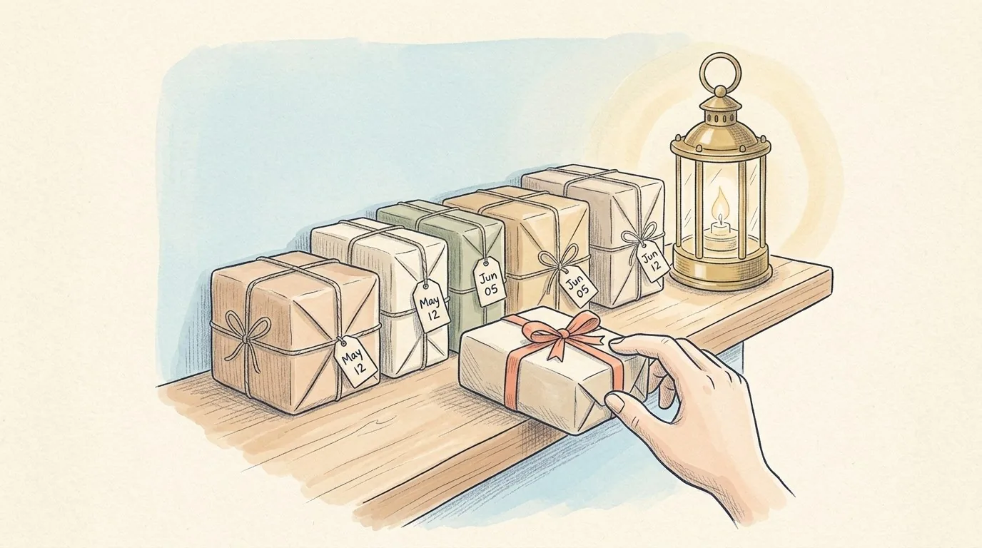 A wooden shelf with a row of wrapped parcels with date labels; a hand picks up the parcel with the coral ribbon that is next in line.