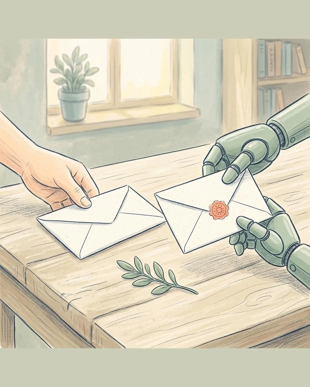 A drawn workbench: a human hand puts down an envelope and a robot hand answers with its own sealed envelope, a small green sprig between them.