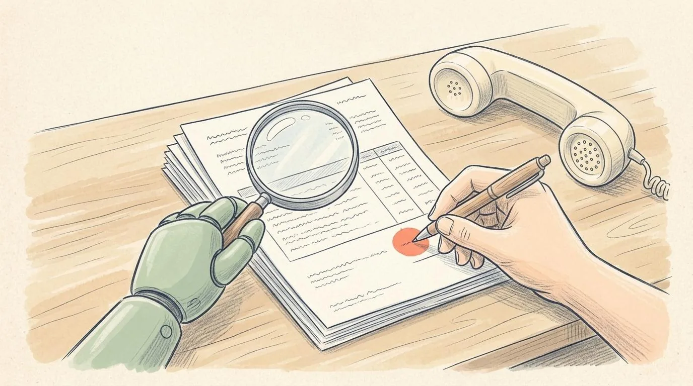A pencil drawing of a desk with a stack of invoices, a green robot hand with a magnifying glass above one invoice and a human hand with a pen drawing a coral circle around one line.