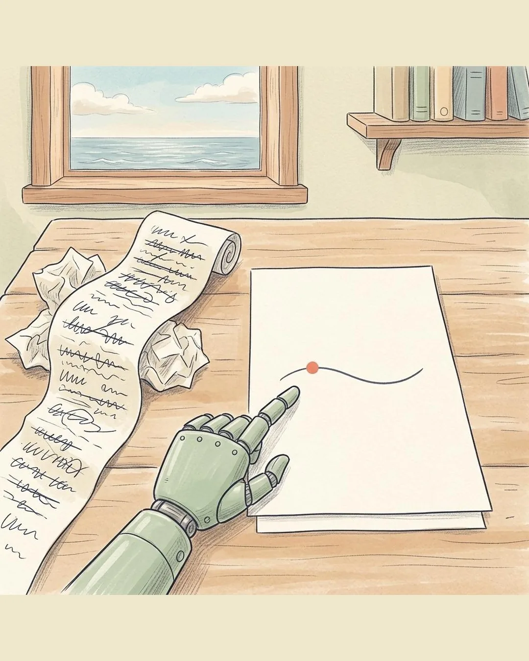 A drawn desk: on the left a crumpled strip of paper full of crossed-out rules, on the right one clean sheet with a single calm line a robot hand points to.
