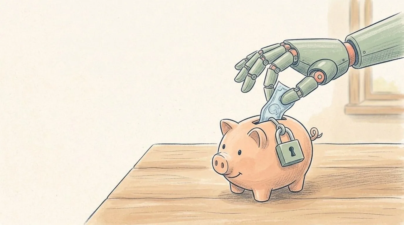 A pencil drawing of a small piggy bank with a lock and a robot hand taking one banknote out.