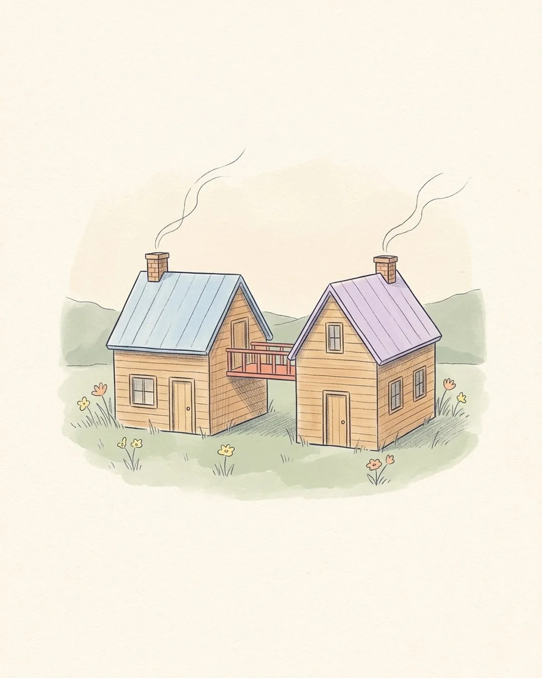 Two drawn wooden houses, one with a blue and one with a lilac roof, joined by a coral-coloured little bridge.