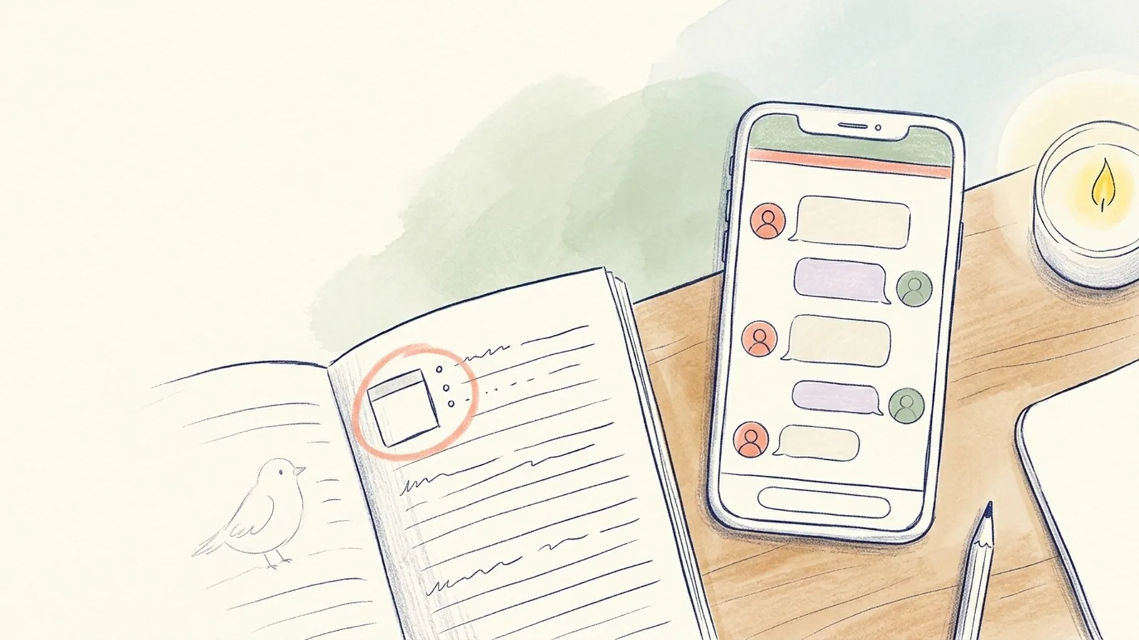 A pencil drawing of a phone with a conversation, next to an open diary with one day circled.
