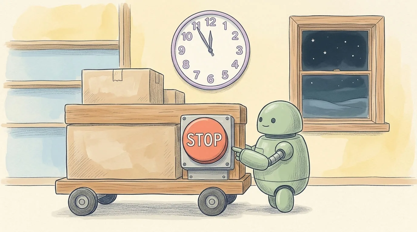 A pencil drawing of a small robot freezing a heavy cart with a stop button, while a clock in the background has run far ahead and nobody presses the button again.
