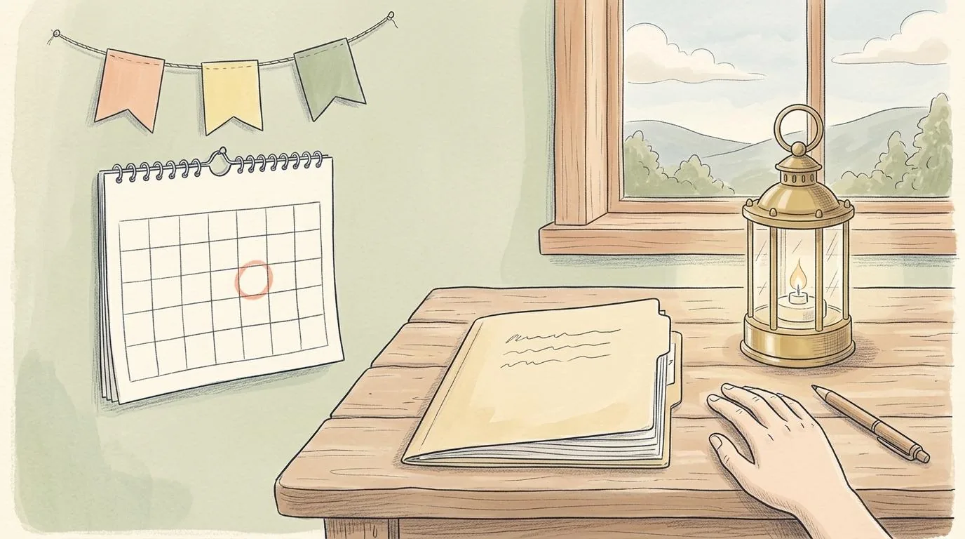 A pencil drawing of a wall calendar with one circled day, a string of three small flags above it, a folder of contracts on a wooden desk, a lantern and a hand beside a pen.