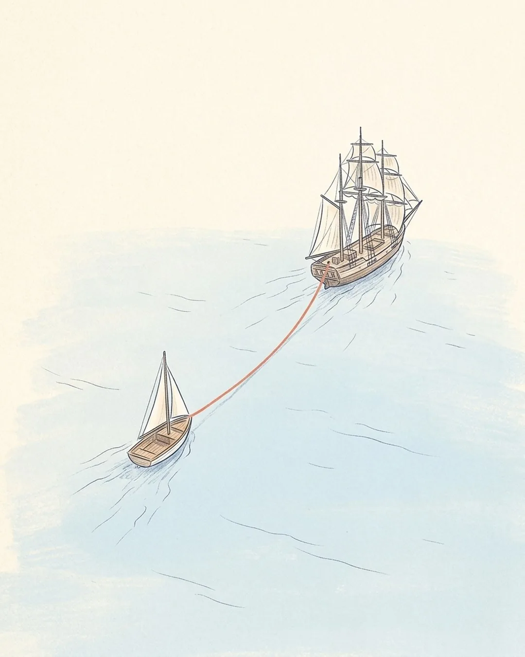 A small sailing boat behind a large sailing ship, joined by a coral-coloured rope.