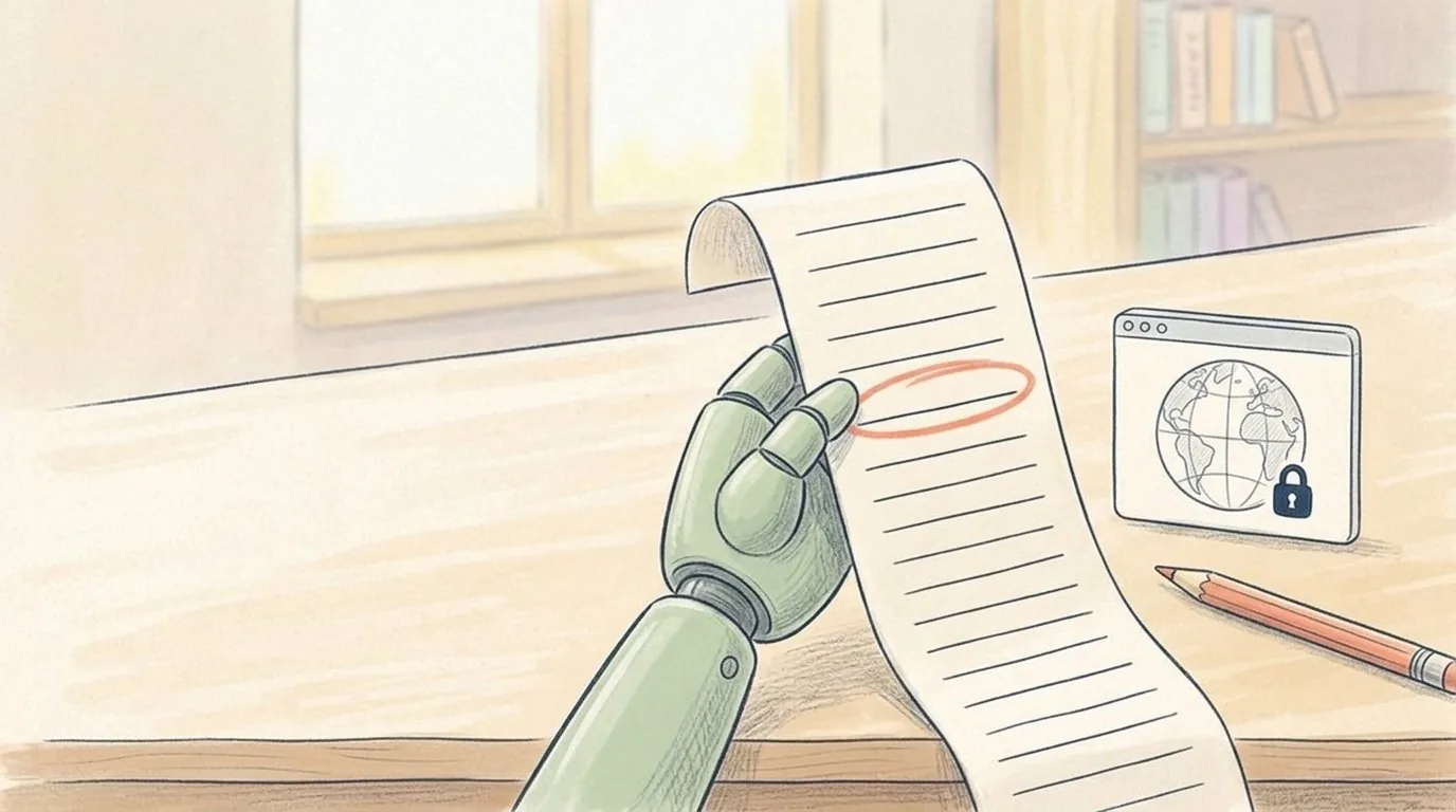 A pencil drawing of a robot hand holding a long list of names, with one of them circled.