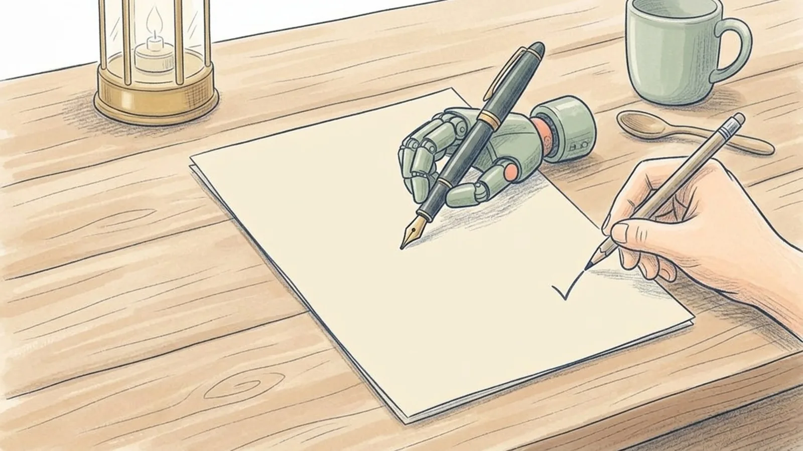 A pencil drawing of a quote sheet, a small robot hand with a fountain pen and a human hand ticking a box.