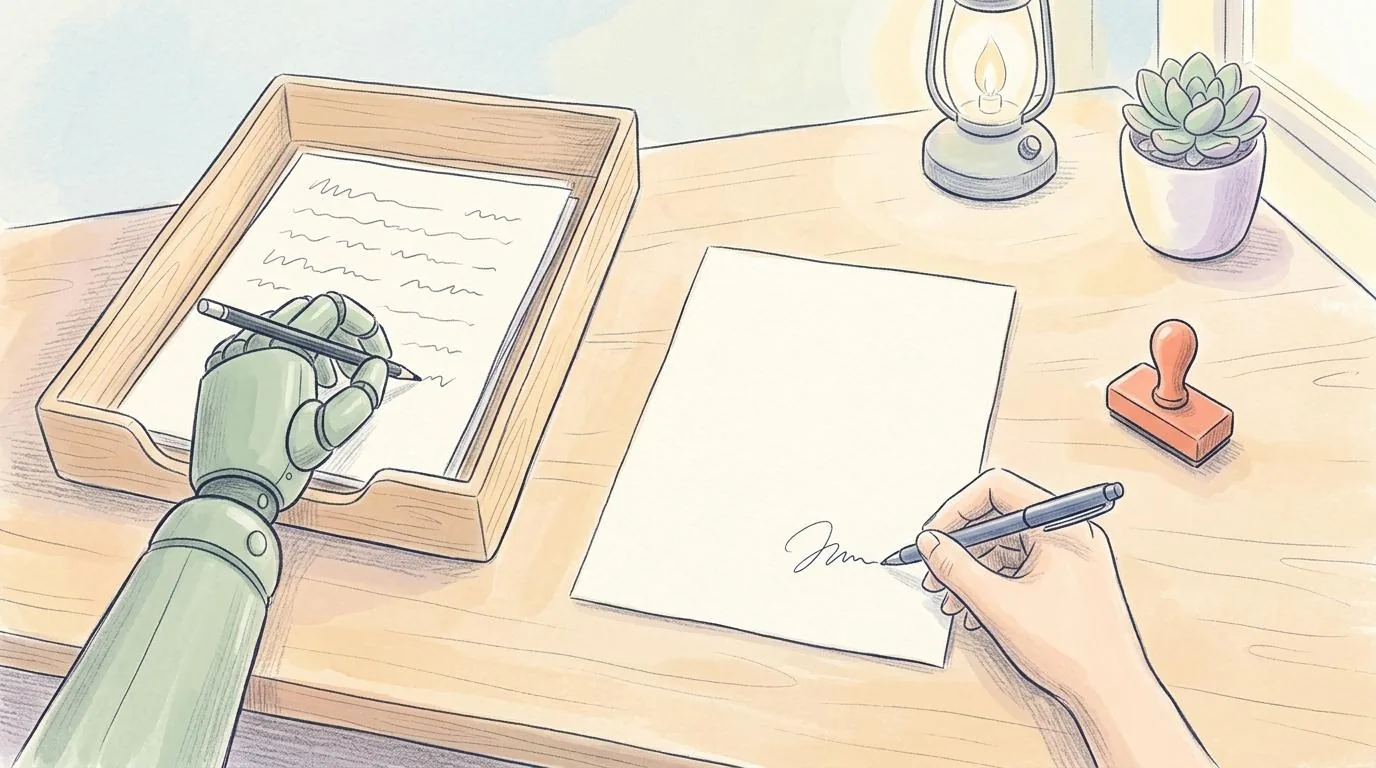 A pencil drawing of a desk: on the left a tray with a draft being written by a green robot hand, in the middle a clean letter being signed by a human hand, on the right a small coral stamp.