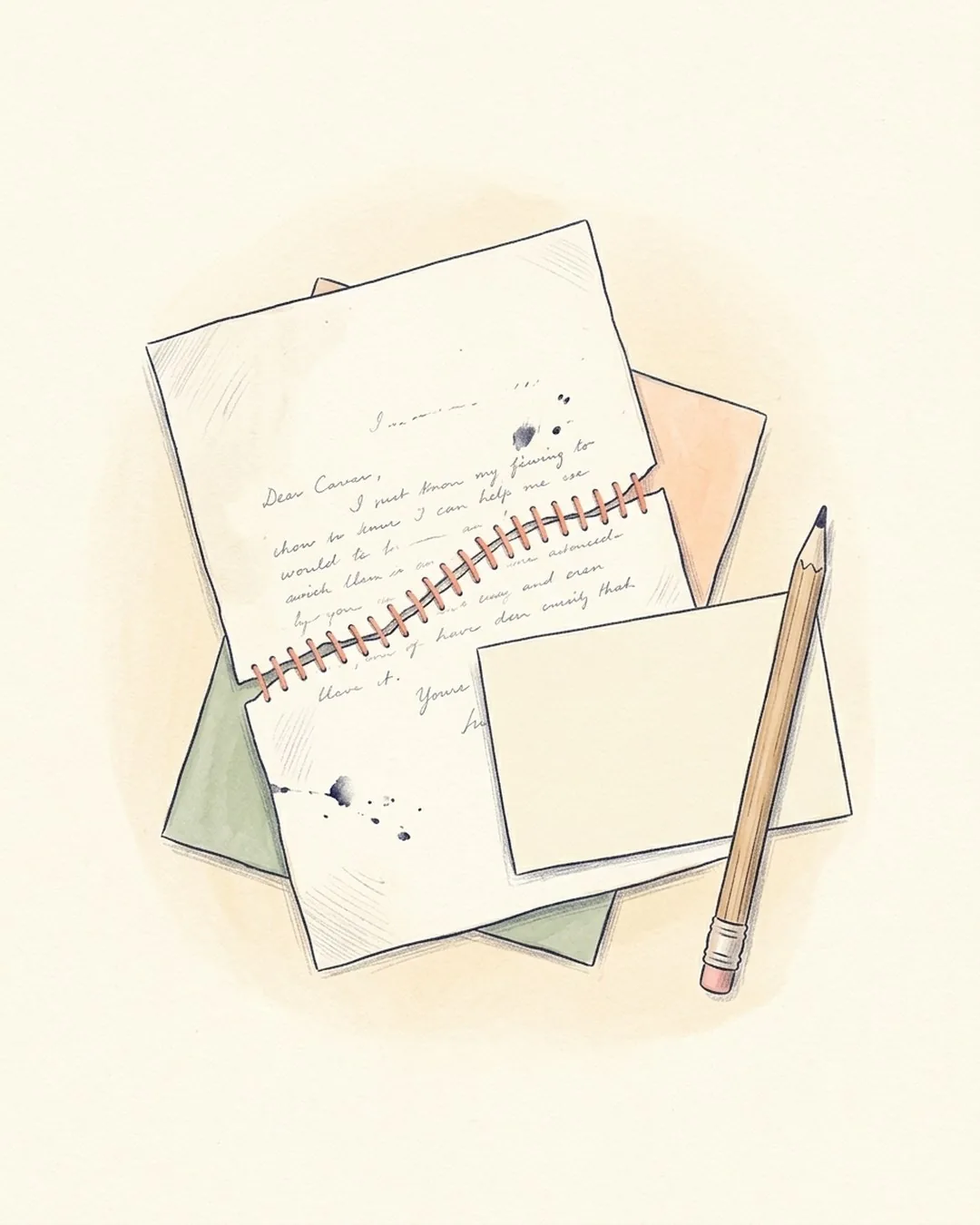 A torn sheet of paper, neatly mended with coral-coloured thread, with an empty card and a pencil beside it.