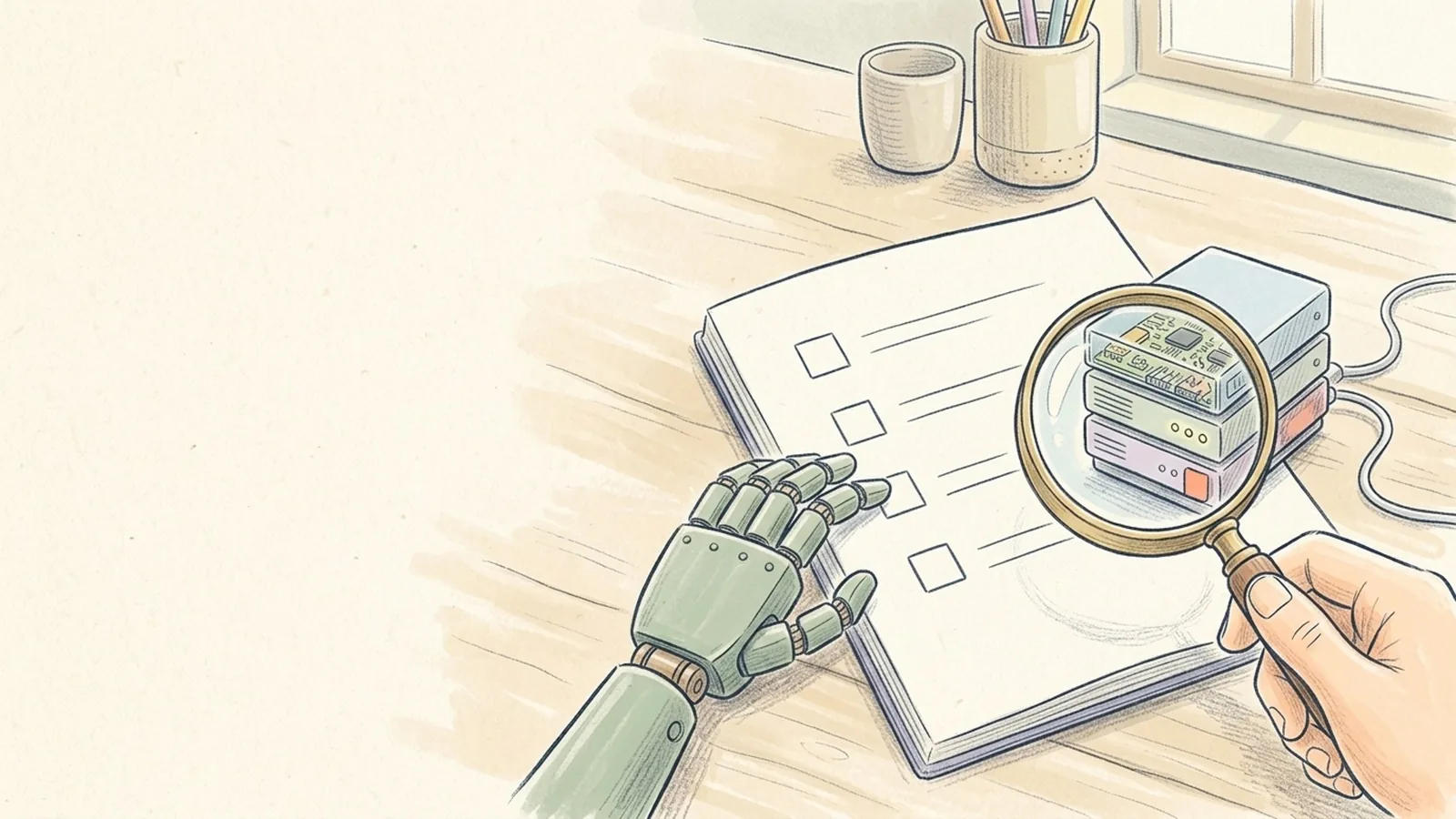 A pencil drawing of a checklist with a small robot hand, and a magnifying glass above a small running server.