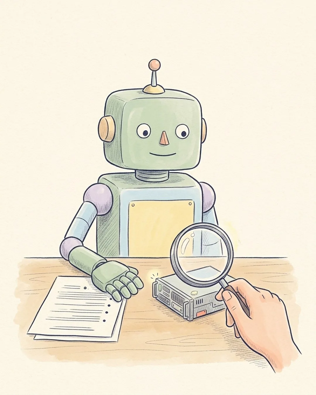 A pencil drawing of a checklist with a small robot hand, and a magnifying glass over a small running server.