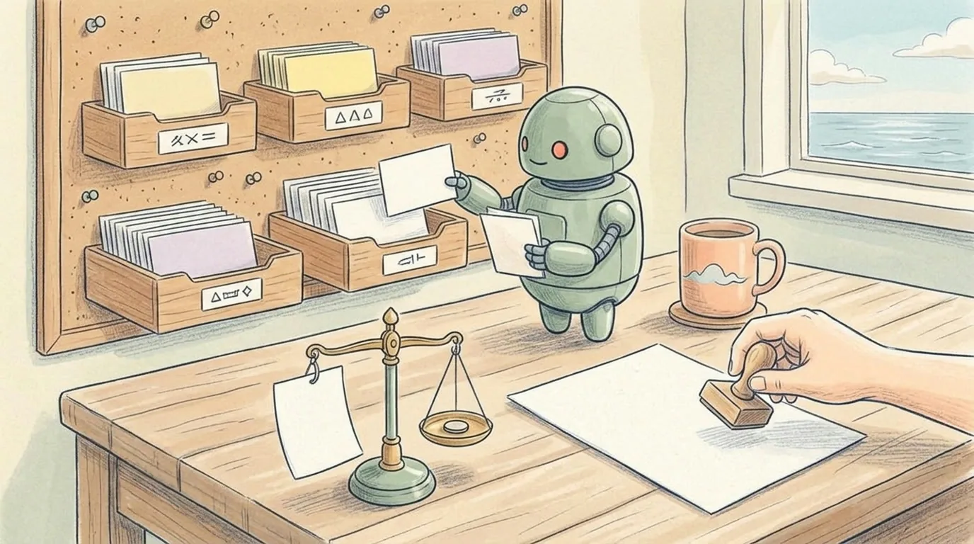 A coloured-pencil drawing with a watercolour wash on cream paper: a small green robot sorts cards into wooden trays on a pinboard, on the desk a small pair of scales with a coin, a mug, and on the right a human hand holding a stamp that has not stamped yet.