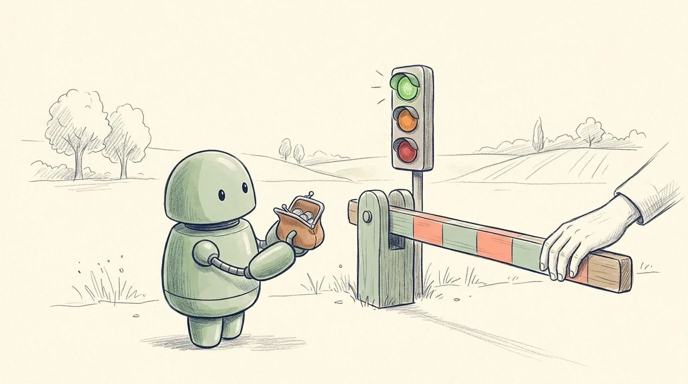 A coloured-pencil drawing with a watercolour wash on cream paper: a small green robot holding an open coin purse with a few coins in front of a barrier, beside a post with a green, orange and red lamp of which the green one is lit, and a human hand on the barrier.