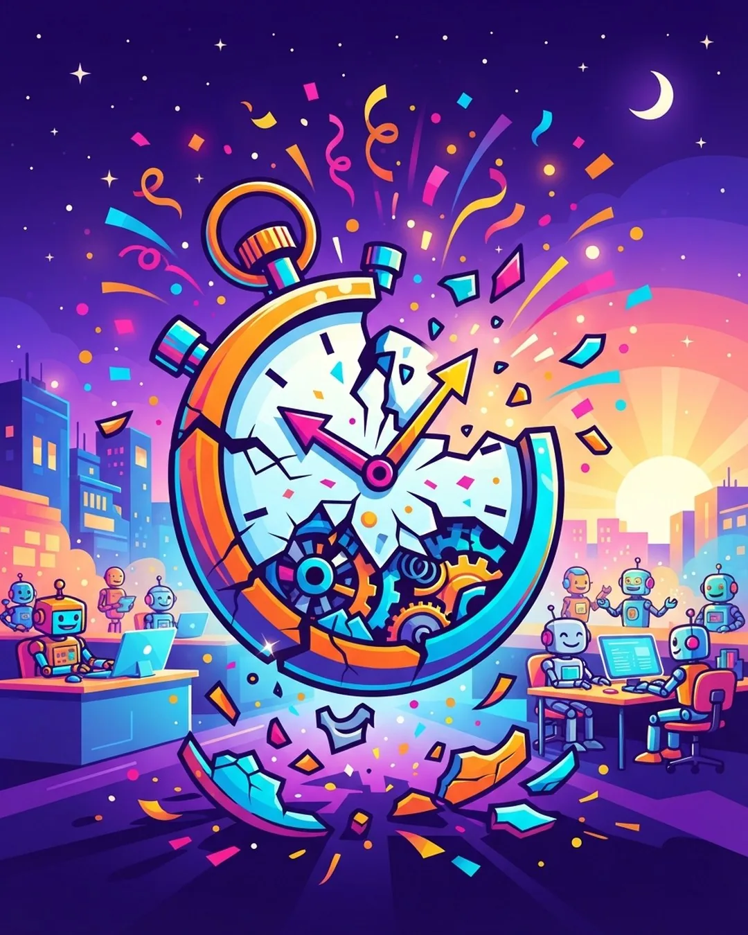 A brightly coloured drawing of a stopwatch bursting open amid confetti, while small robots at their desks happily keep working from night until sunrise.